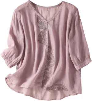 Floral Embroidered Tops Cotton Linen Shirts for Women 2025 Boho Ethnic Style 3/4 Sleeve V Neck Button Tunic Tshirt