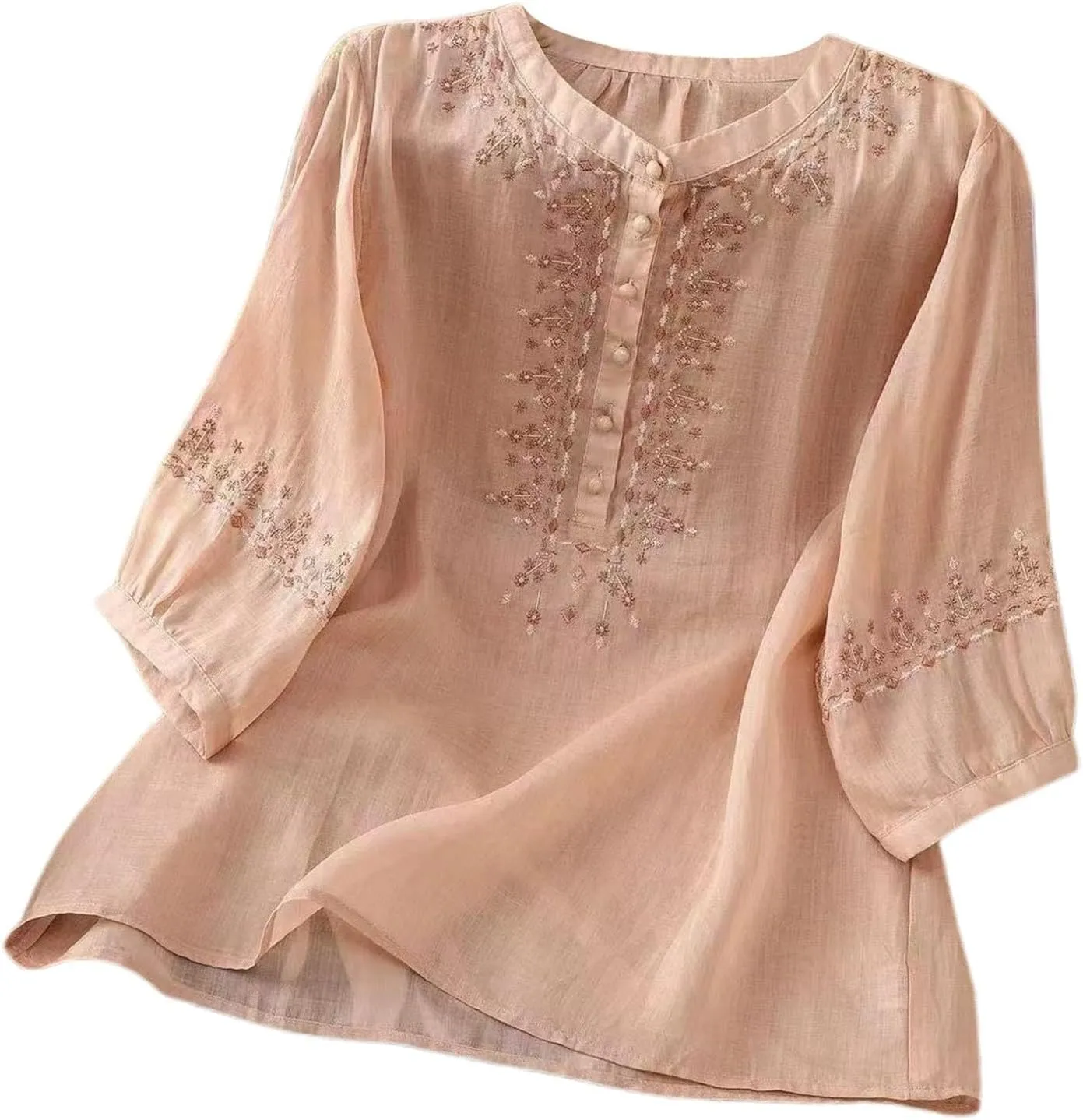 Floral Embroidered Tops Cotton Linen Shirts for Women 2025 Boho Ethnic Style 3/4 Sleeve V Neck Button Tunic Tshirt