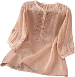 Floral Embroidered Tops Cotton Linen Shirts for Women 2025 Boho Ethnic Style 3/4 Sleeve V Neck Button Tunic Tshirt