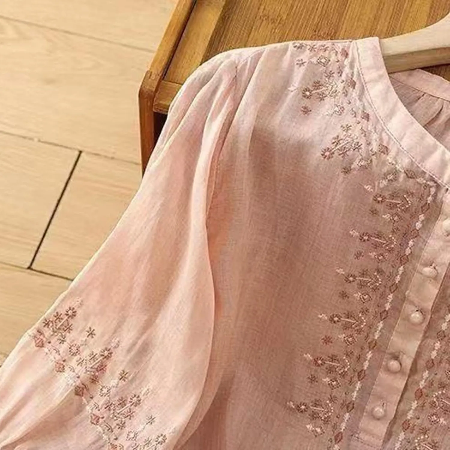 Floral Embroidered Tops Cotton Linen Shirts for Women 2025 Boho Ethnic Style 3/4 Sleeve V Neck Button Tunic Tshirt