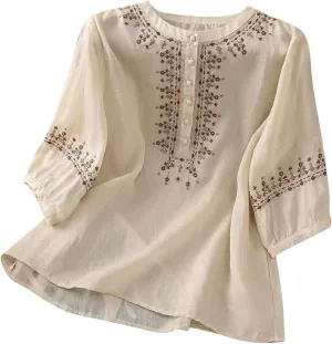 Floral Embroidered Tops Cotton Linen Shirts for Women 2025 Boho Ethnic Style 3/4 Sleeve V Neck Button Tunic Tshirt