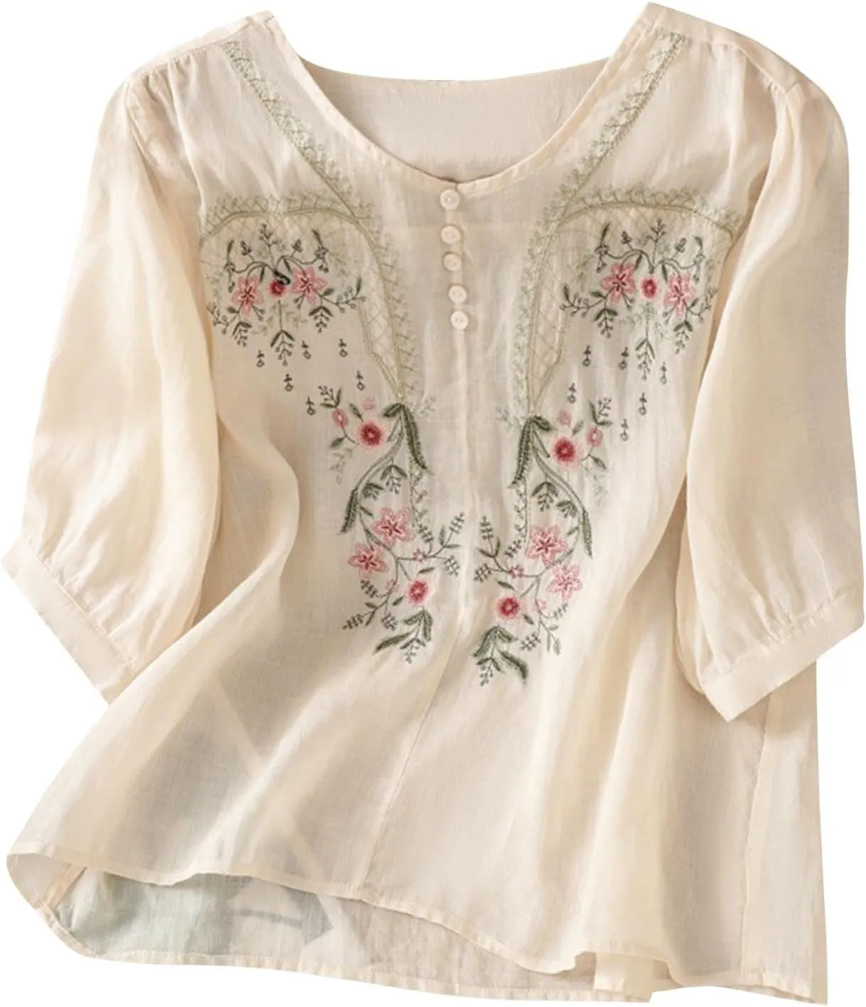 Floral Embroidered Tops Cotton Linen Shirts for Women 2025 Boho Ethnic Style 3/4 Sleeve V Neck Button Tunic Tshirt