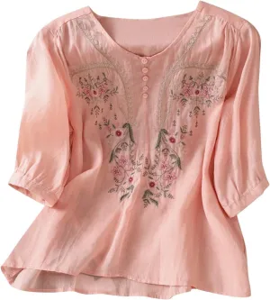 Floral Embroidered Tops Cotton Linen Shirts for Women 2025 Boho Ethnic Style 3/4 Sleeve V Neck Button Tunic Tshirt