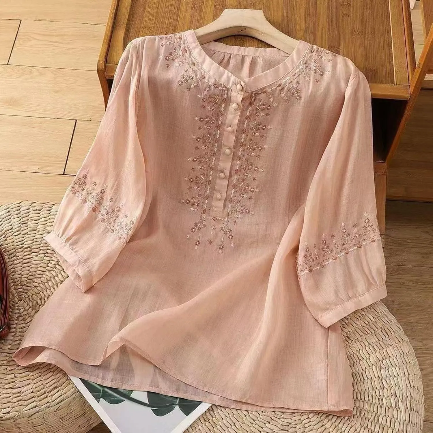 Floral Embroidered Tops Cotton Linen Shirts for Women 2025 Boho Ethnic Style 3/4 Sleeve V Neck Button Tunic Tshirt