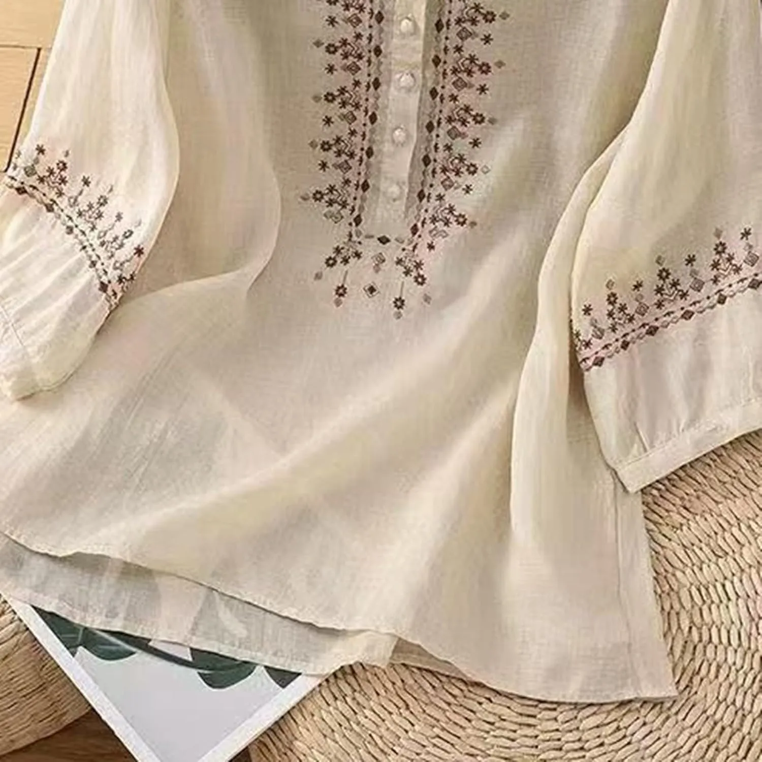 Floral Embroidered Tops Cotton Linen Shirts for Women 2025 Boho Ethnic Style 3/4 Sleeve V Neck Button Tunic Tshirt