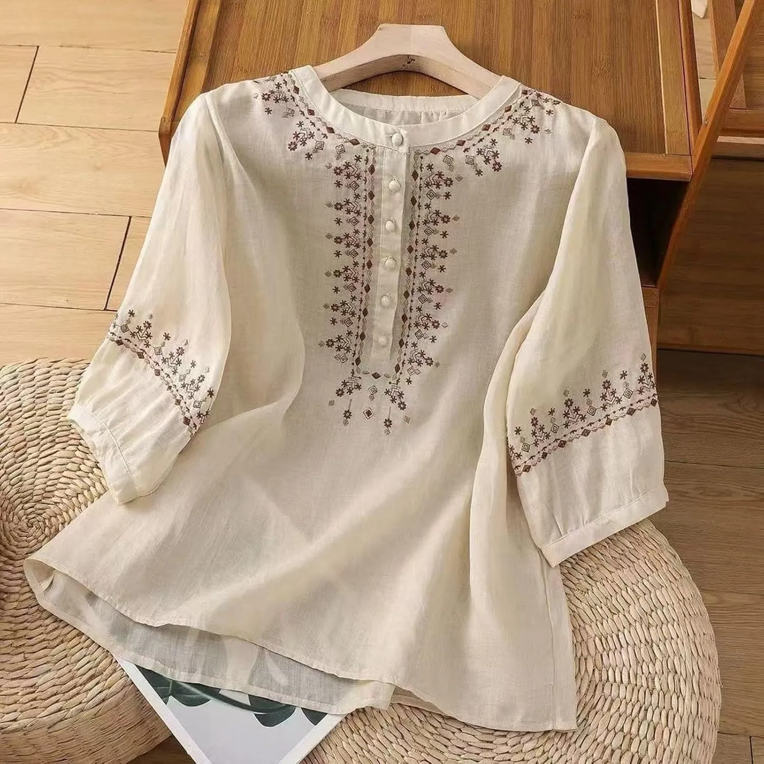 Floral Embroidered Tops Cotton Linen Shirts for Women 2025 Boho Ethnic Style 3/4 Sleeve V Neck Button Tunic Tshirt