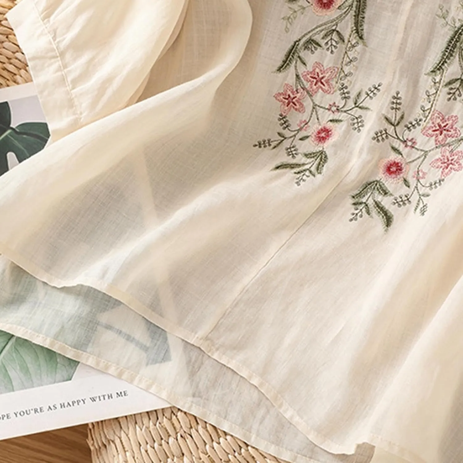 Floral Embroidered Tops Cotton Linen Shirts for Women 2025 Boho Ethnic Style 3/4 Sleeve V Neck Button Tunic Tshirt