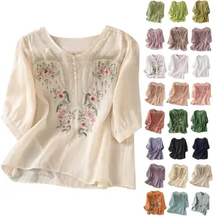 Floral Embroidered Tops Cotton Linen Shirts for Women 2025 Boho Ethnic Style 3/4 Sleeve V Neck Button Tunic Tshirt