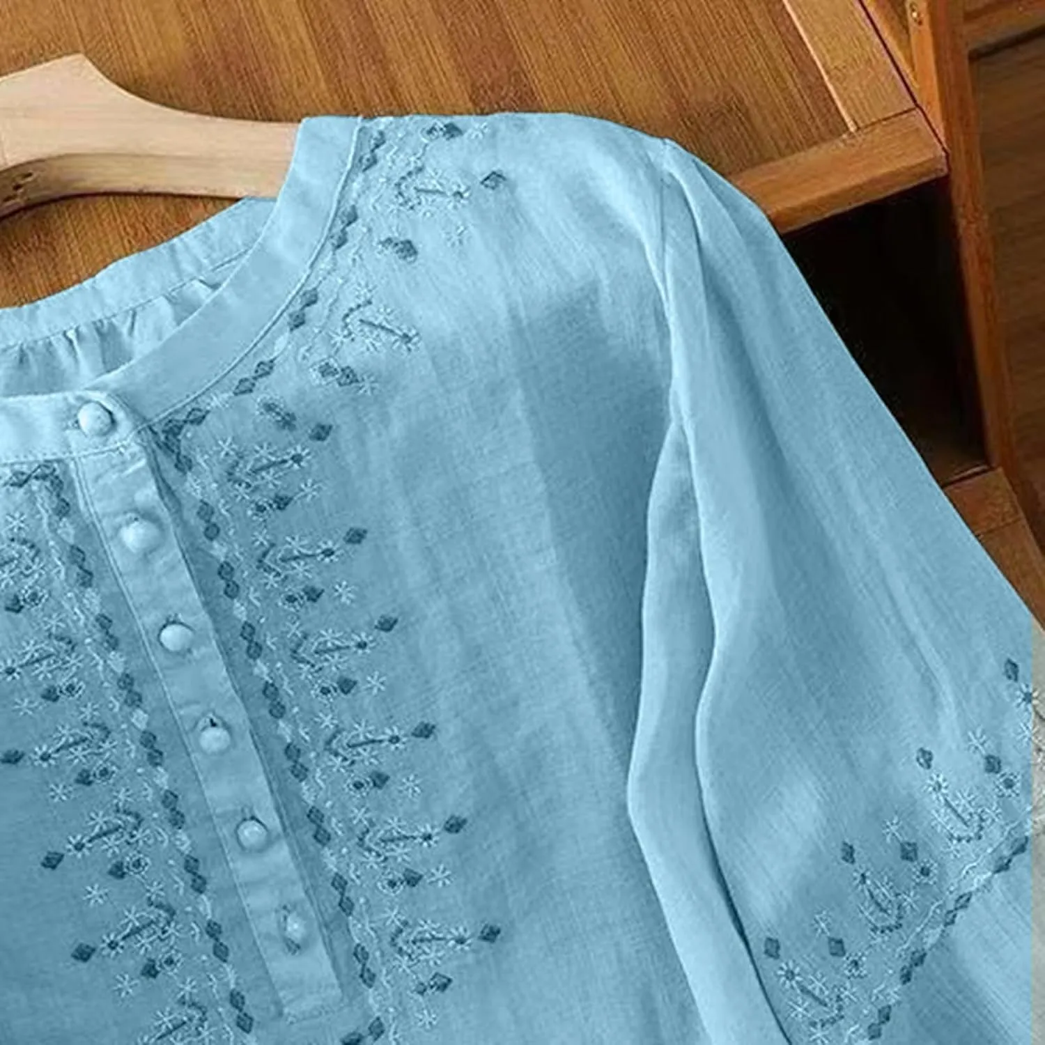 Floral Embroidered Tops Cotton Linen Shirts for Women 2025 Boho Ethnic Style 3/4 Sleeve V Neck Button Tunic Tshirt