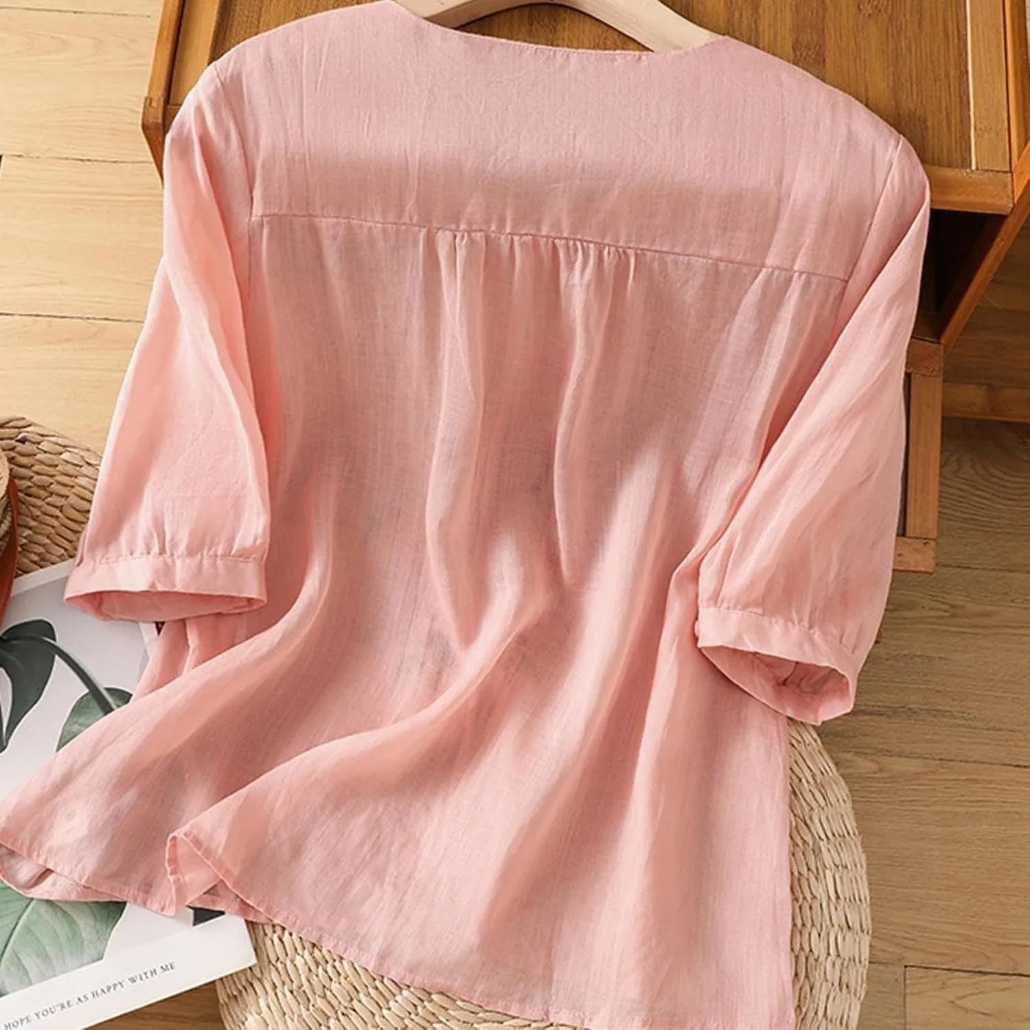 Floral Embroidered Tops Cotton Linen Shirts for Women 2025 Boho Ethnic Style 3/4 Sleeve V Neck Button Tunic Tshirt