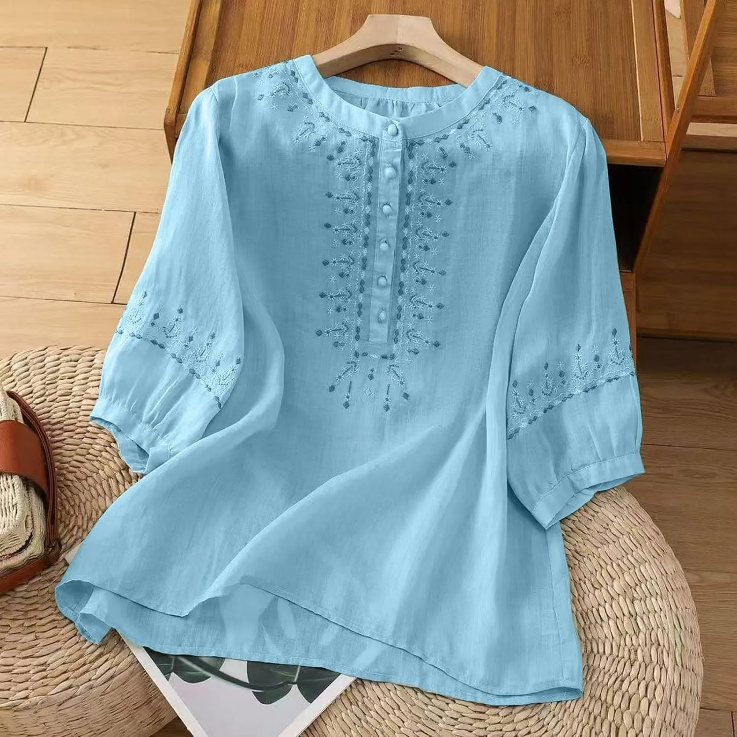 Floral Embroidered Tops Cotton Linen Shirts for Women 2025 Boho Ethnic Style 3/4 Sleeve V Neck Button Tunic Tshirt