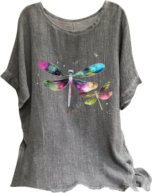 FZYLQY Summer Tunic Tops for Women Lightweight Comfy Tees Dragonfly Trendy Blouses Plus Size Linen 3/4 Length Sleeve Clothes