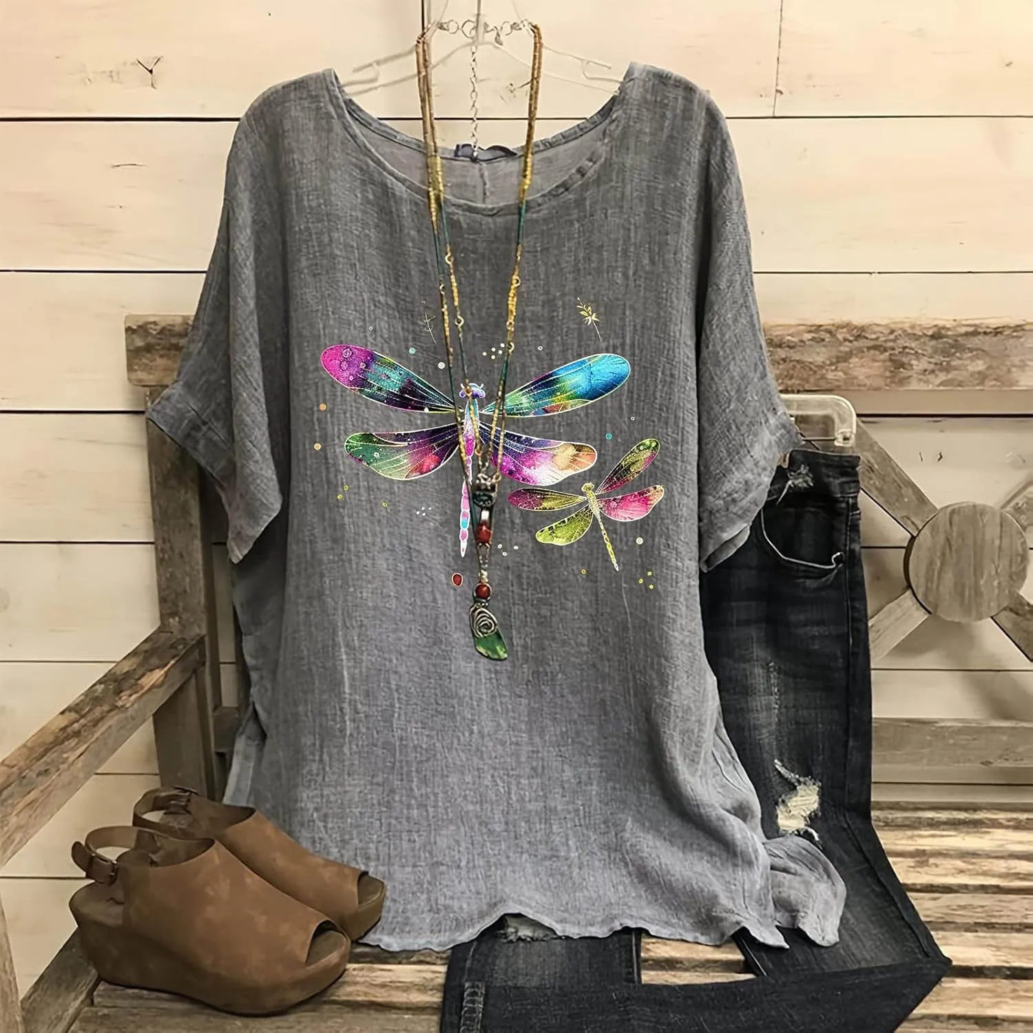 FZYLQY Summer Tunic Tops for Women Lightweight Comfy Tees Dragonfly Trendy Blouses Plus Size Linen 3/4 Length Sleeve Clothes
