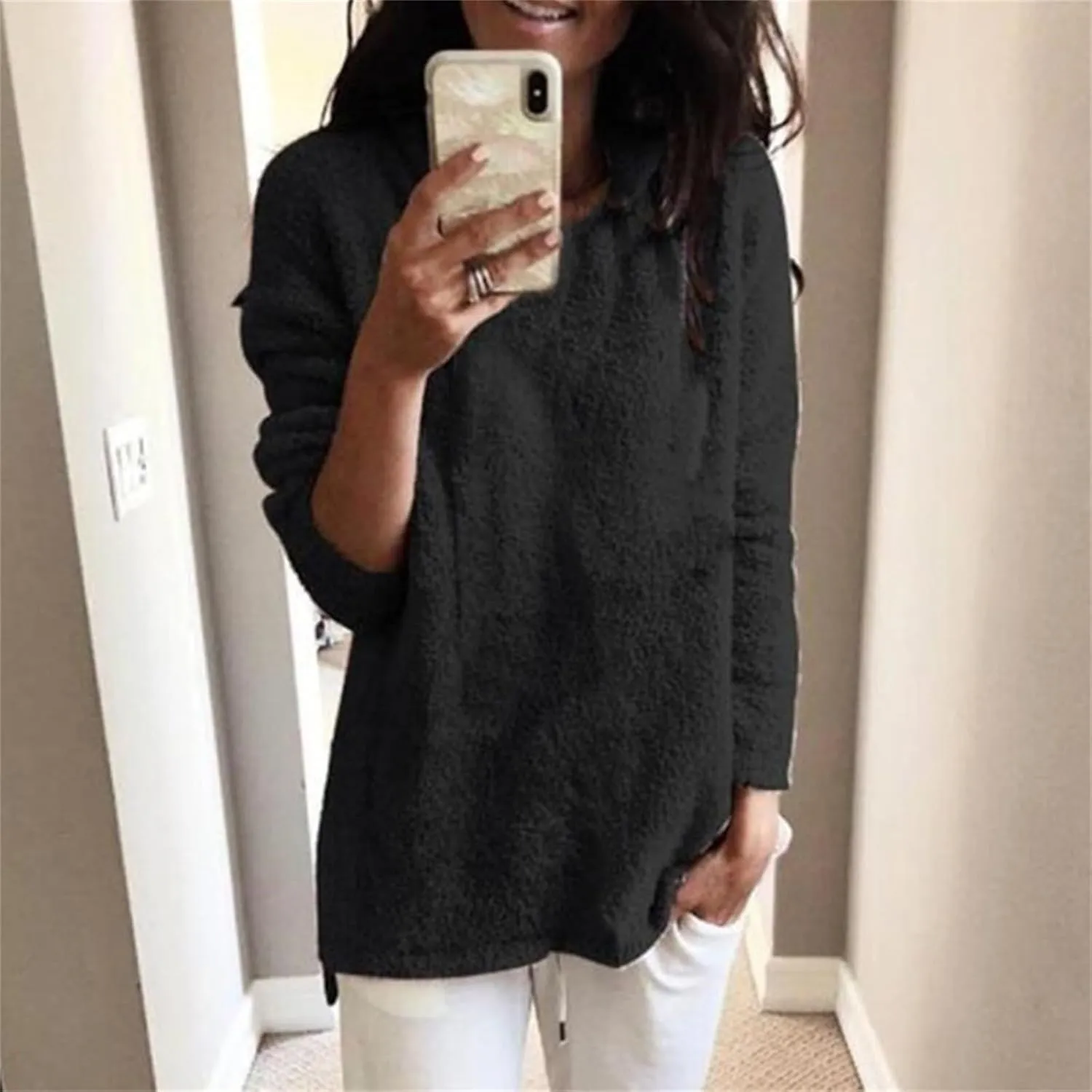 GIERIDUC Womens Fleece Tunic Pullover Long Sherpa Long Sweater Casual Fuzzy Sweatshirts Oversized Fluffy Tops with Pockets