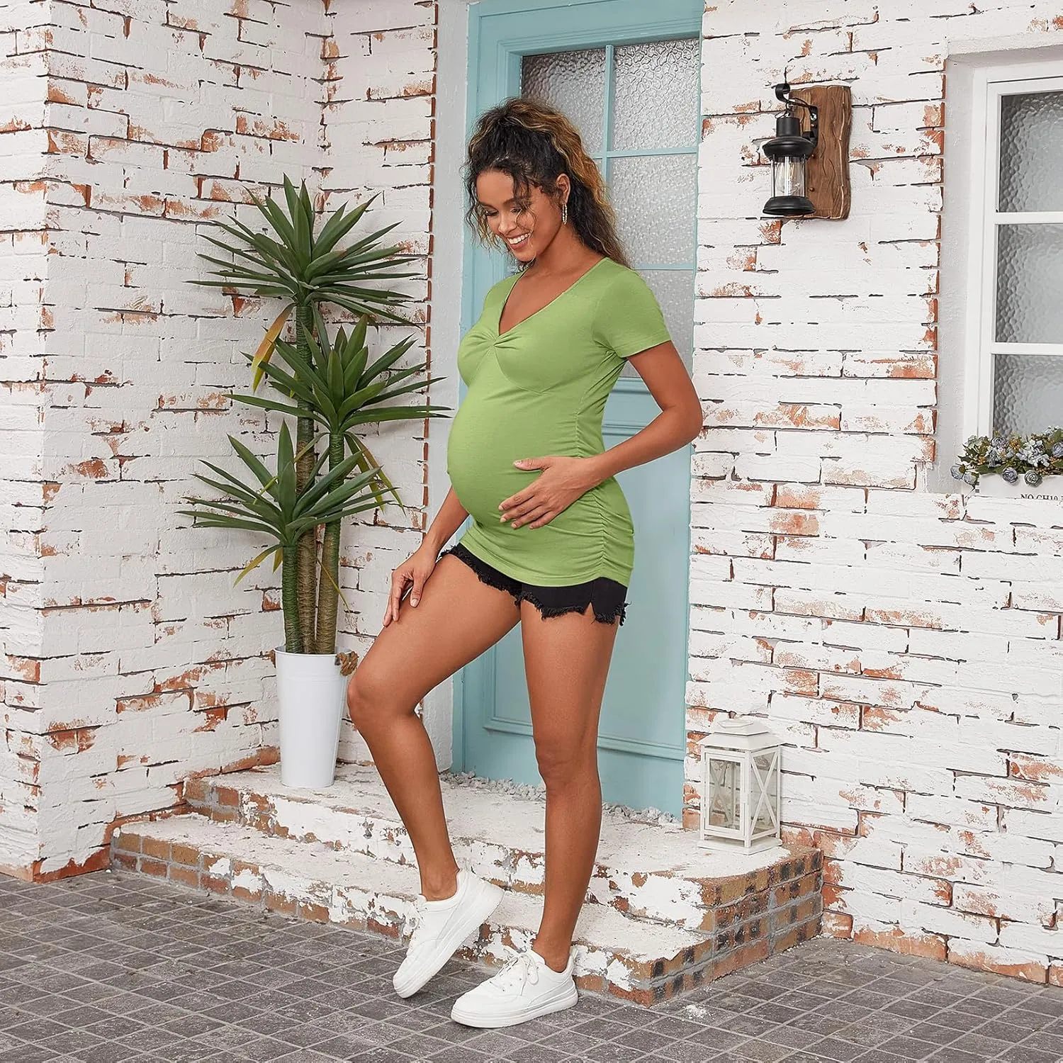GINKANA Women Short Sleeve Maternity Shirts Tops Ruched Sides Casual Pregnancy Tees Tunics Blouses Summer Maternity Clothes