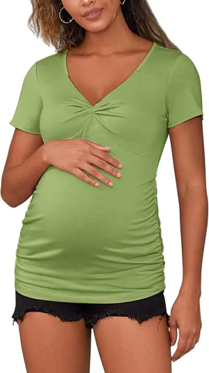 GINKANA Women Short Sleeve Maternity Shirts Tops Ruched Sides Casual Pregnancy Tees Tunics Blouses Summer Maternity Clothes
