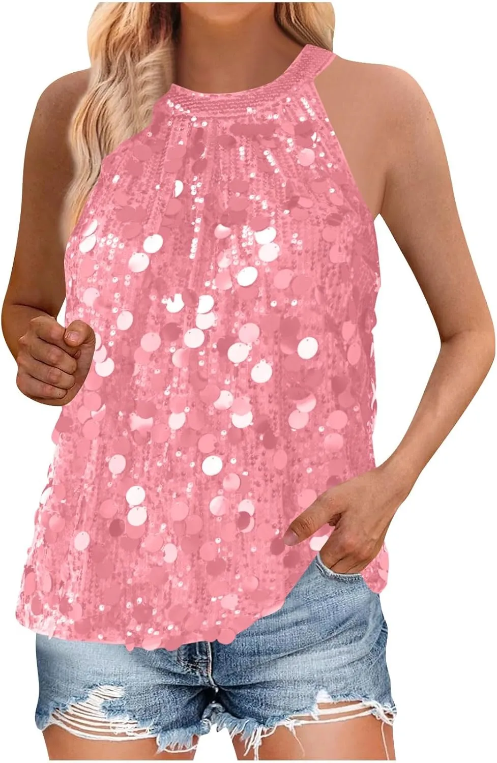 Halter Sequin Tank Top for Women Sleeveless Sparkly Glitter Club Outfit Keyhole Back Flowy Shiny Party Concert Shirt