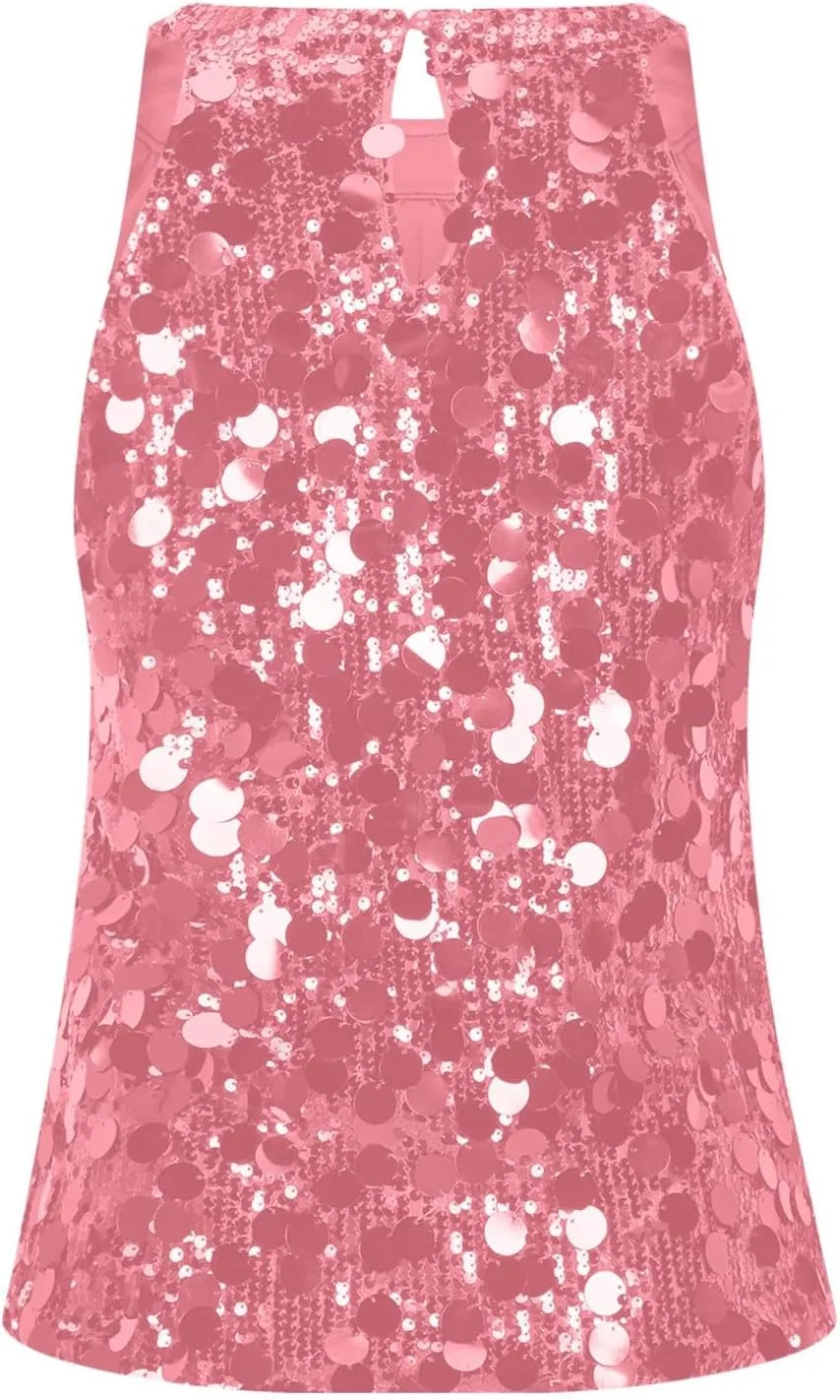Halter Sequin Tank Top for Women Sleeveless Sparkly Glitter Club Outfit Keyhole Back Flowy Shiny Party Concert Shirt