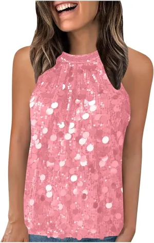 Halter Sequin Tank Top for Women Sleeveless Sparkly Glitter Club Outfit Keyhole Back Flowy Shiny Party Concert Shirt