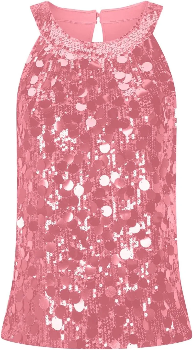 Halter Sequin Tank Top for Women Sleeveless Sparkly Glitter Club Outfit Keyhole Back Flowy Shiny Party Concert Shirt