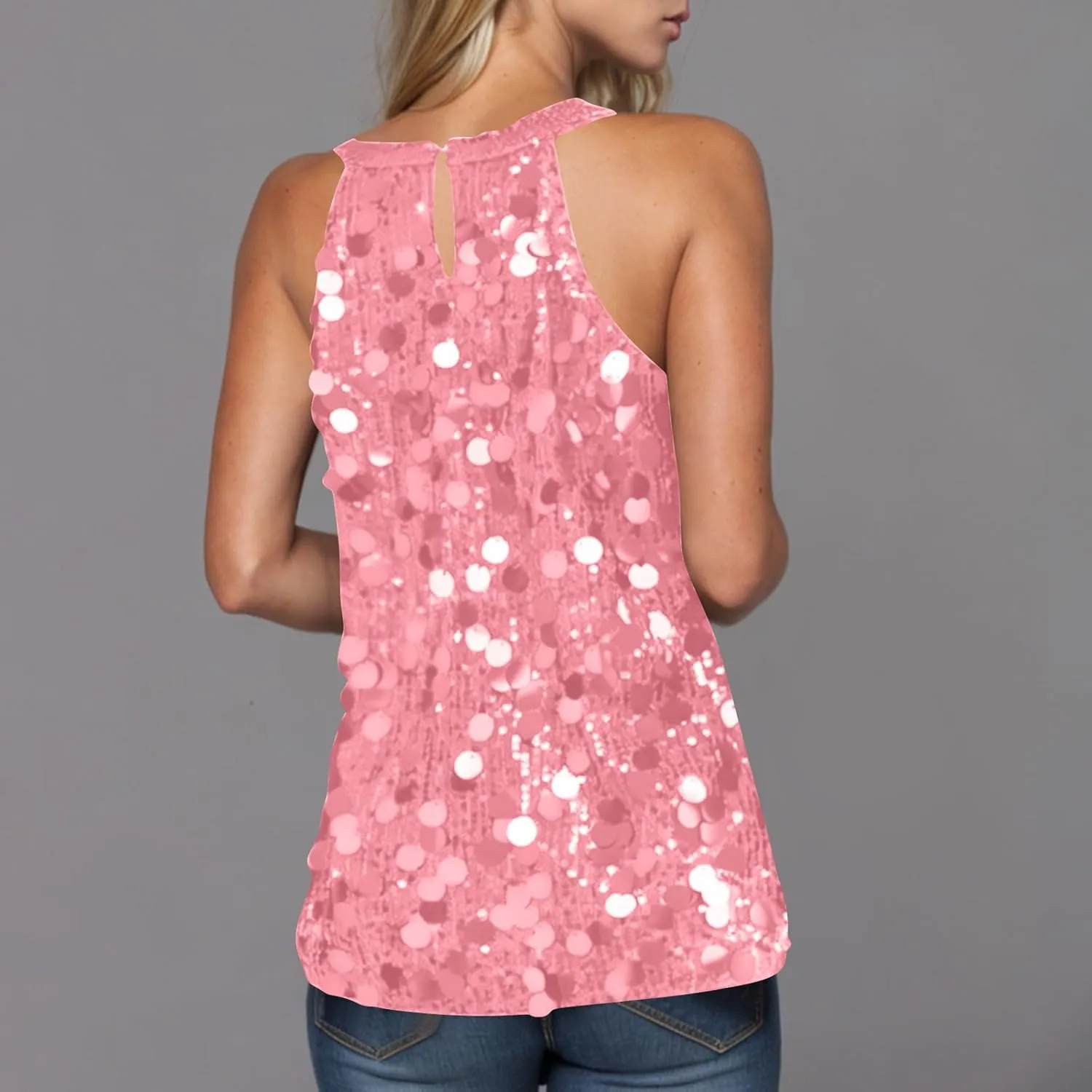 Halter Sequin Tank Top for Women Sleeveless Sparkly Glitter Club Outfit Keyhole Back Flowy Shiny Party Concert Shirt
