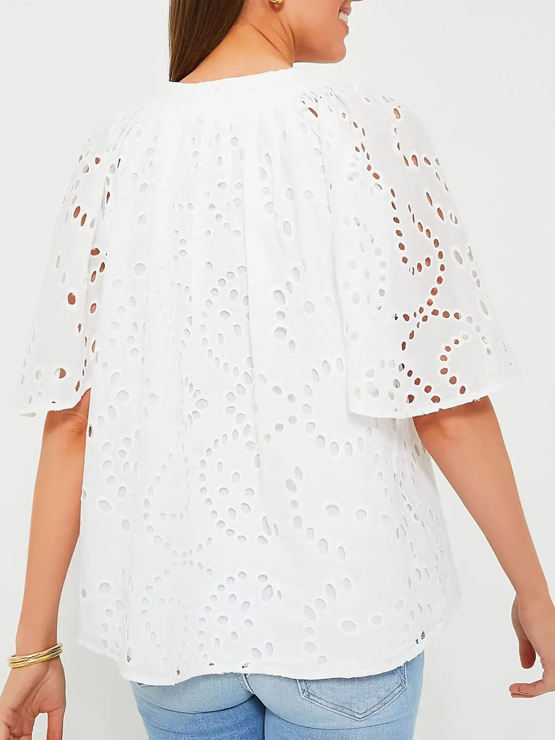 KEOMUD Women's Summer Top Hollow Out Embroidered Blouse Shirts V Neck Short Sleeve Boho Lace Eyelet Tops