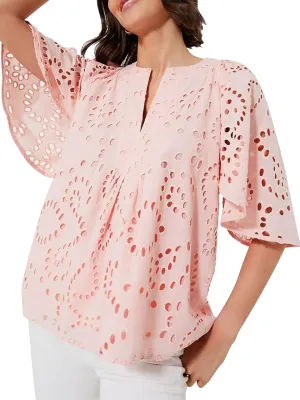 KEOMUD Women's Summer Top Hollow Out Embroidered Blouse Shirts V Neck Short Sleeve Boho Lace Eyelet Tops