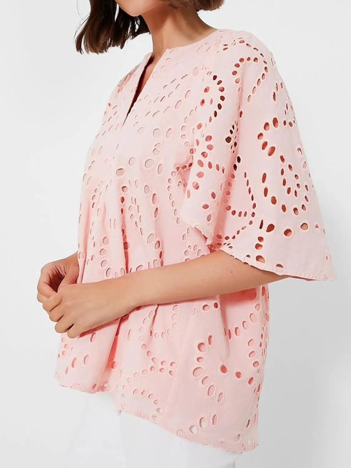 KEOMUD Women's Summer Top Hollow Out Embroidered Blouse Shirts V Neck Short Sleeve Boho Lace Eyelet Tops
