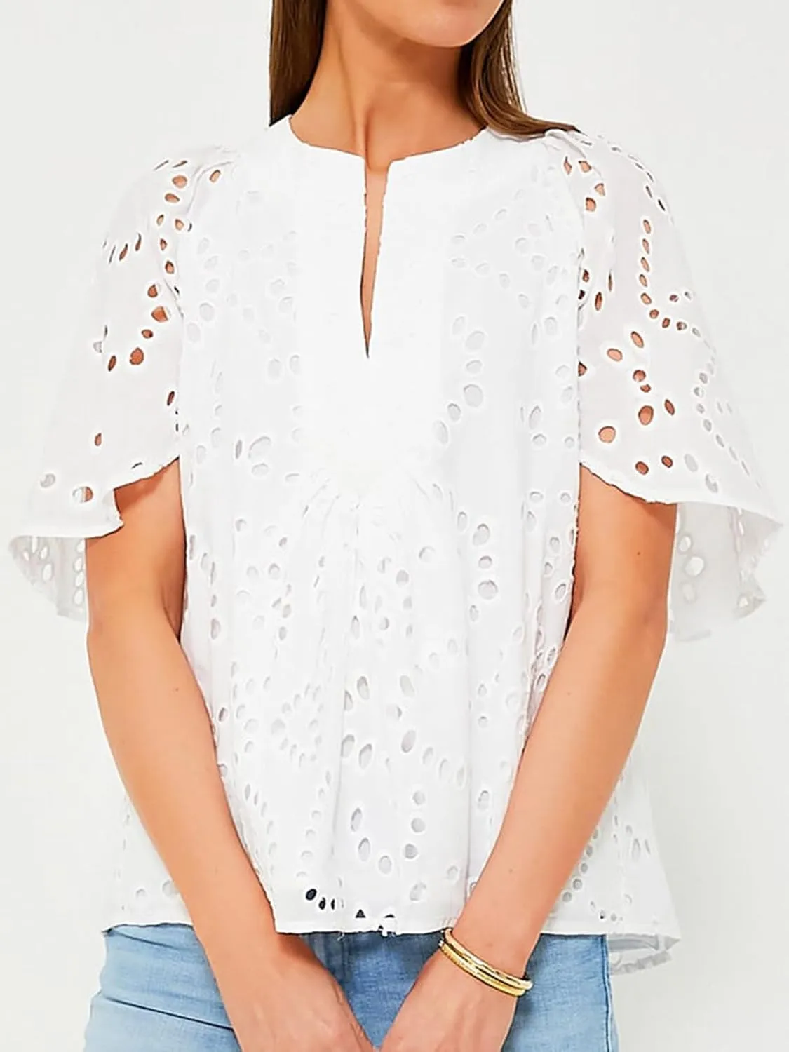 KEOMUD Women's Summer Top Hollow Out Embroidered Blouse Shirts V Neck Short Sleeve Boho Lace Eyelet Tops