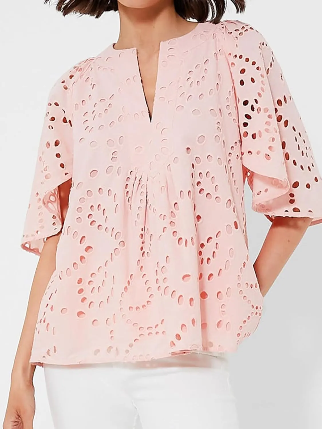 KEOMUD Women's Summer Top Hollow Out Embroidered Blouse Shirts V Neck Short Sleeve Boho Lace Eyelet Tops