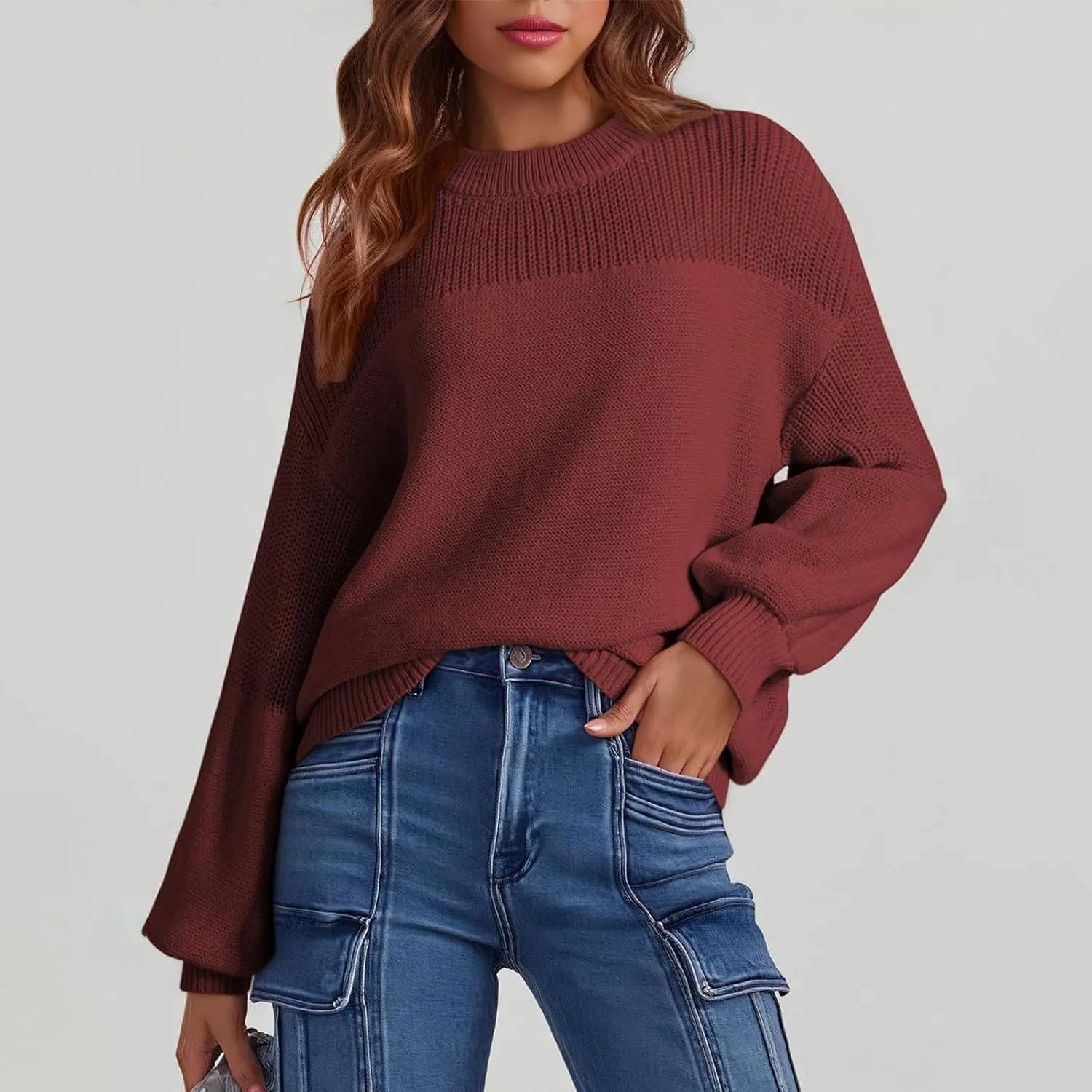 Knit Crew Neck Sweater for Women Ladies Winter Cute Oversized Pullover Sweaters Long Sleeve Blouse Sweatshirts