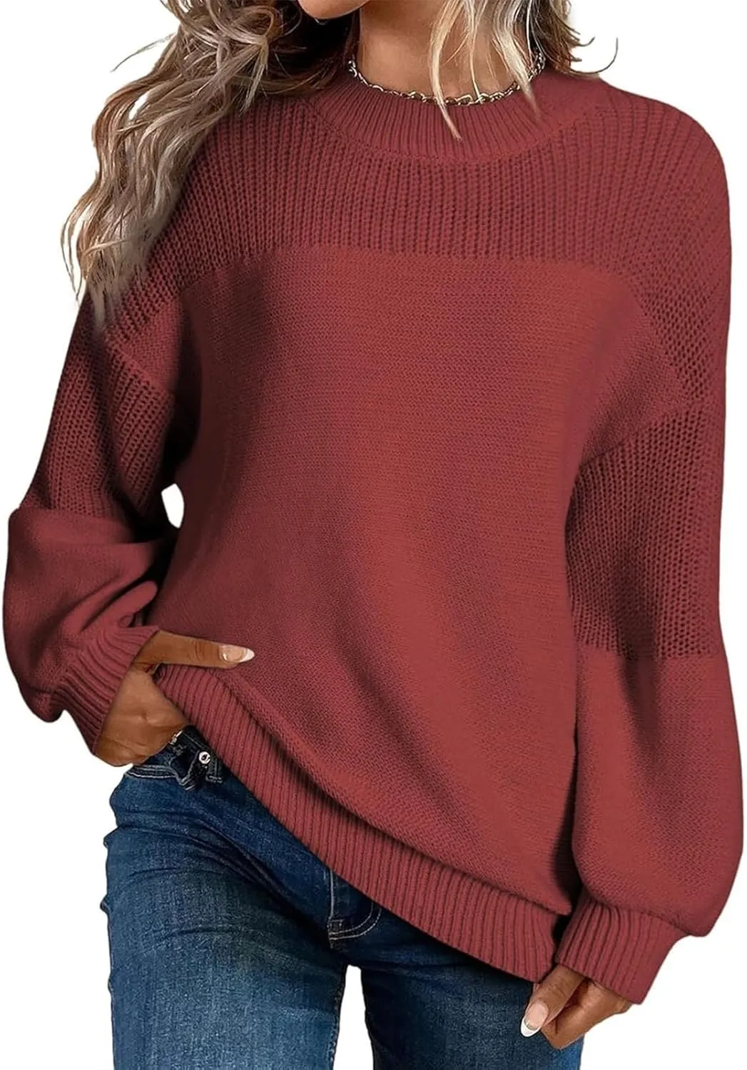 Knit Crew Neck Sweater for Women Ladies Winter Cute Oversized Pullover Sweaters Long Sleeve Blouse Sweatshirts