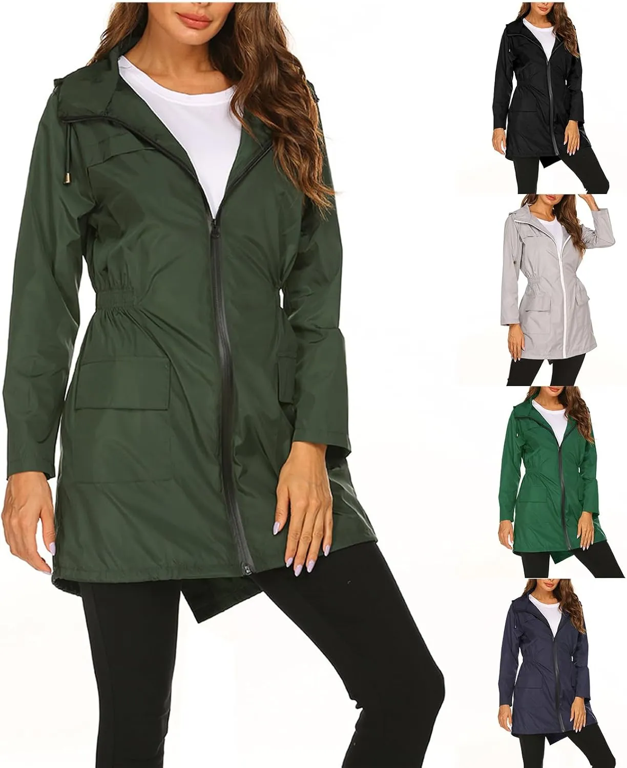 Kubbon Womens Long Trench Jacket Waterproof Tunic Hooded Raincoat Lightweight Zip Windbreaker Going Out Outfits with Pocket
