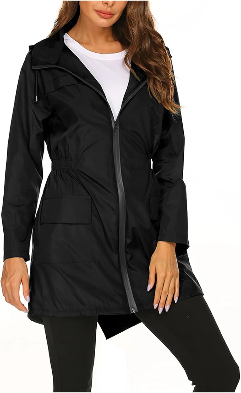 Kubbon Womens Long Trench Jacket Waterproof Tunic Hooded Raincoat Lightweight Zip Windbreaker Going Out Outfits with Pocket