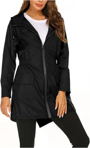 Kubbon Womens Long Trench Jacket Waterproof Tunic Hooded Raincoat Lightweight Zip Windbreaker Going Out Outfits with Pocket