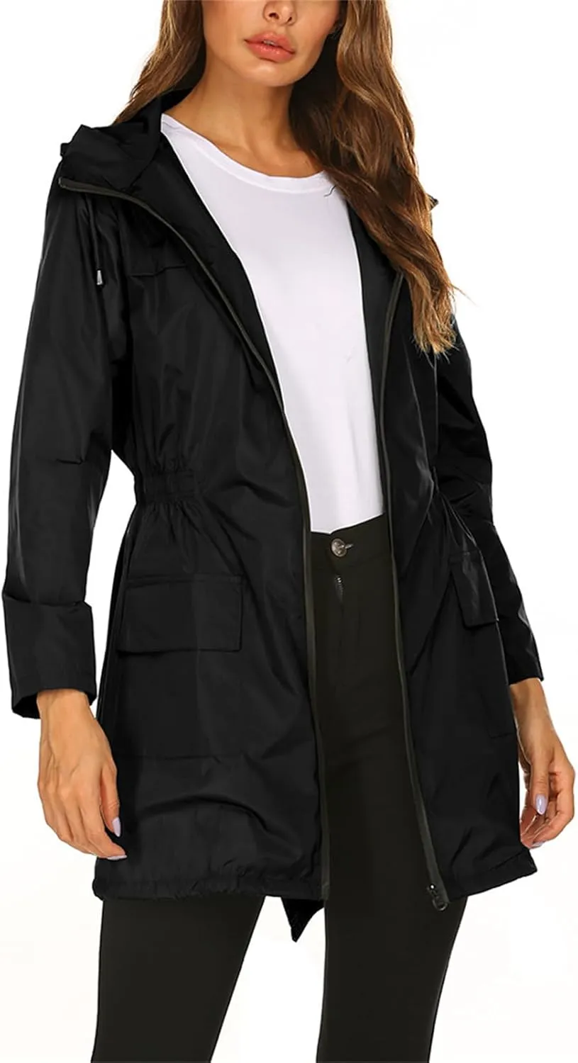 Kubbon Womens Long Trench Jacket Waterproof Tunic Hooded Raincoat Lightweight Zip Windbreaker Going Out Outfits with Pocket