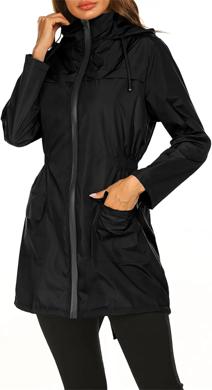 Kubbon Womens Long Trench Jacket Waterproof Tunic Hooded Raincoat Lightweight Zip Windbreaker Going Out Outfits with Pocket