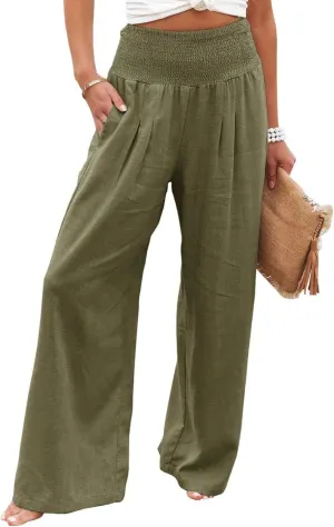 Kubbon Womens Wide Leg Pants Tummy Control High Waisted Linen Pants Casual Baggy Sweatpants Palazzo Trousers with Pockets