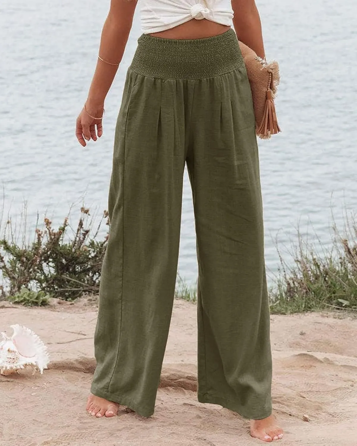 Kubbon Womens Wide Leg Pants Tummy Control High Waisted Linen Pants Casual Baggy Sweatpants Palazzo Trousers with Pockets