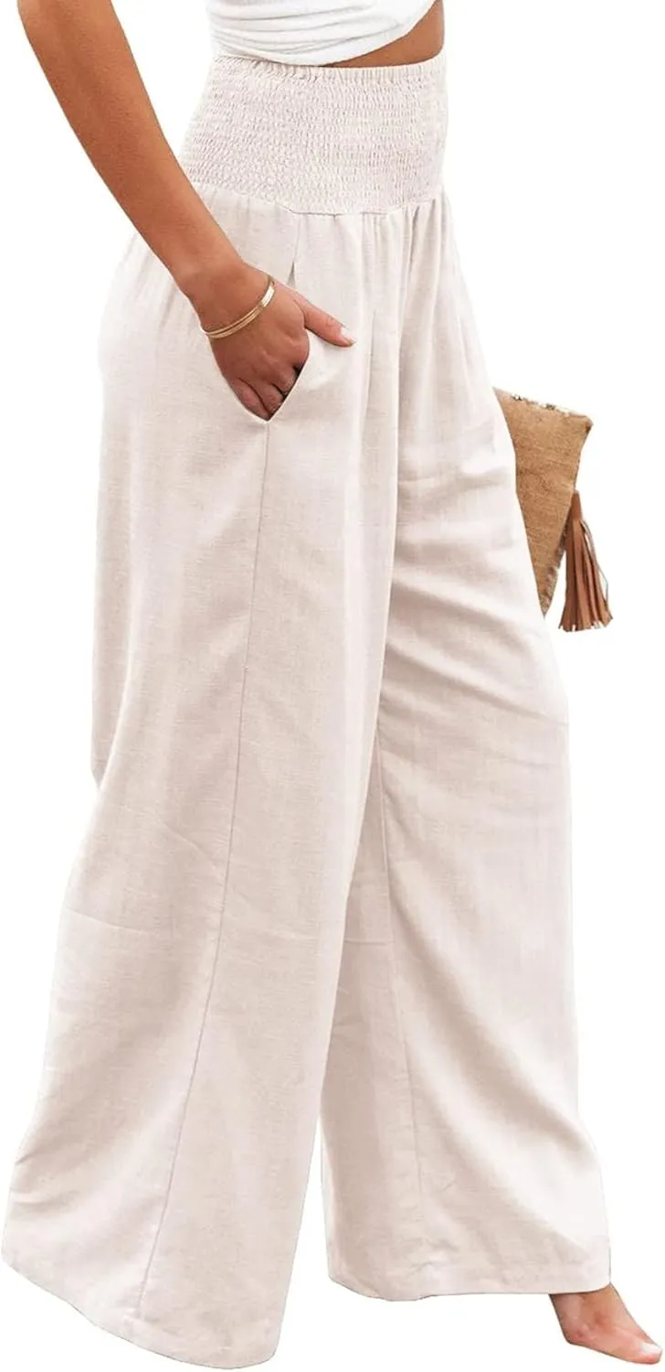Kubbon Womens Wide Leg Pants Tummy Control High Waisted Linen Pants Casual Baggy Sweatpants Palazzo Trousers with Pockets