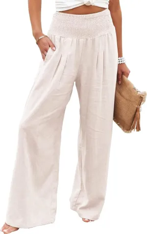 Kubbon Womens Wide Leg Pants Tummy Control High Waisted Linen Pants Casual Baggy Sweatpants Palazzo Trousers with Pockets