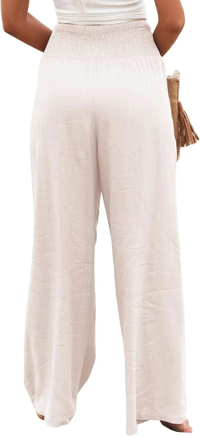 Kubbon Womens Wide Leg Pants Tummy Control High Waisted Linen Pants Casual Baggy Sweatpants Palazzo Trousers with Pockets