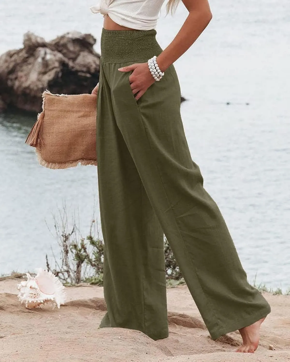 Kubbon Womens Wide Leg Pants Tummy Control High Waisted Linen Pants Casual Baggy Sweatpants Palazzo Trousers with Pockets
