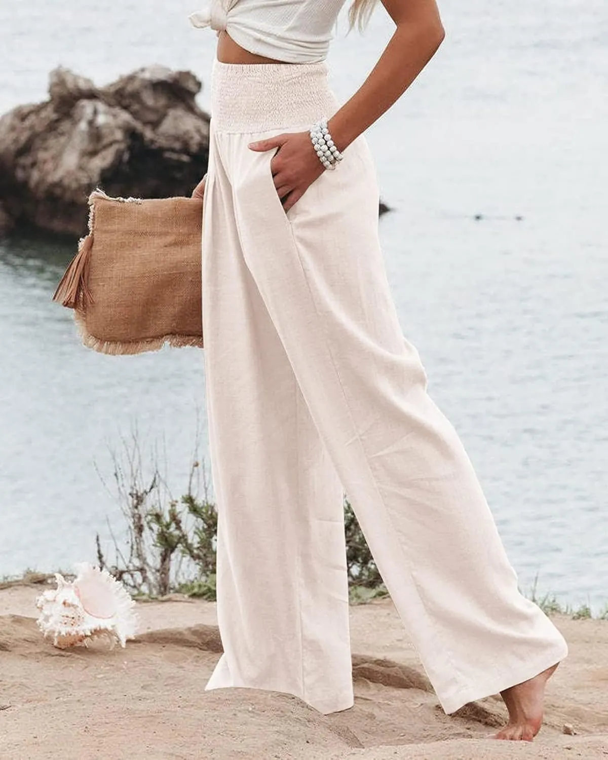 Kubbon Womens Wide Leg Pants Tummy Control High Waisted Linen Pants Casual Baggy Sweatpants Palazzo Trousers with Pockets