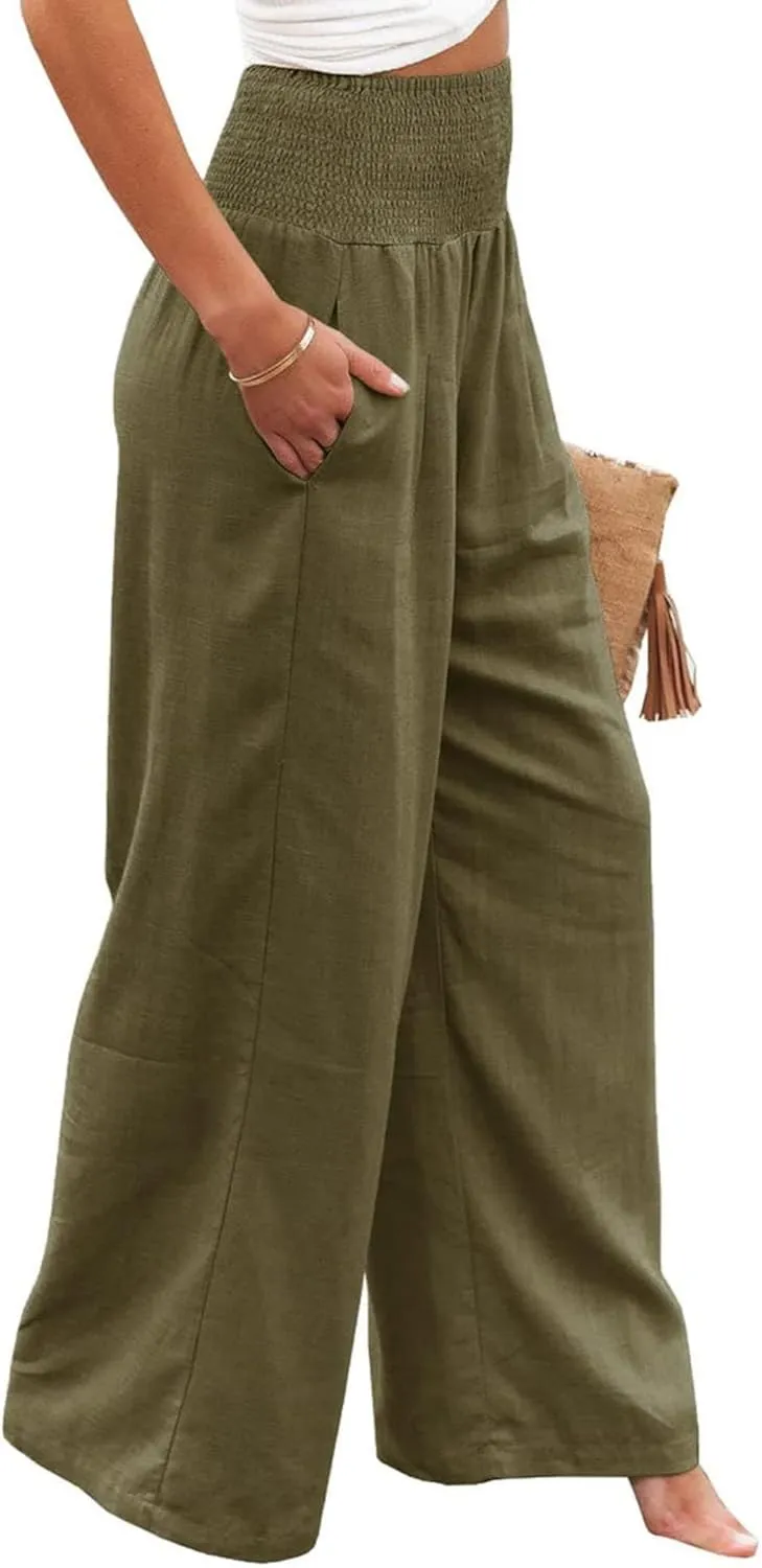 Kubbon Womens Wide Leg Pants Tummy Control High Waisted Linen Pants Casual Baggy Sweatpants Palazzo Trousers with Pockets