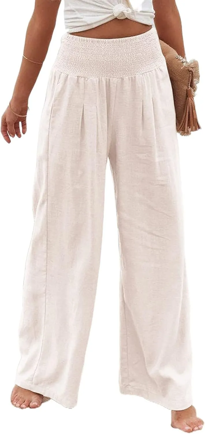 Kubbon Womens Wide Leg Pants Tummy Control High Waisted Linen Pants Casual Baggy Sweatpants Palazzo Trousers with Pockets