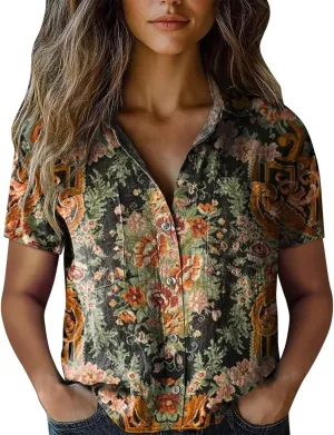 Linen Boho Tops for Women Boho Tops for Women 2025 Hippie Summer Short Sleeve Button Up Blouses Short Sleeve Shirts