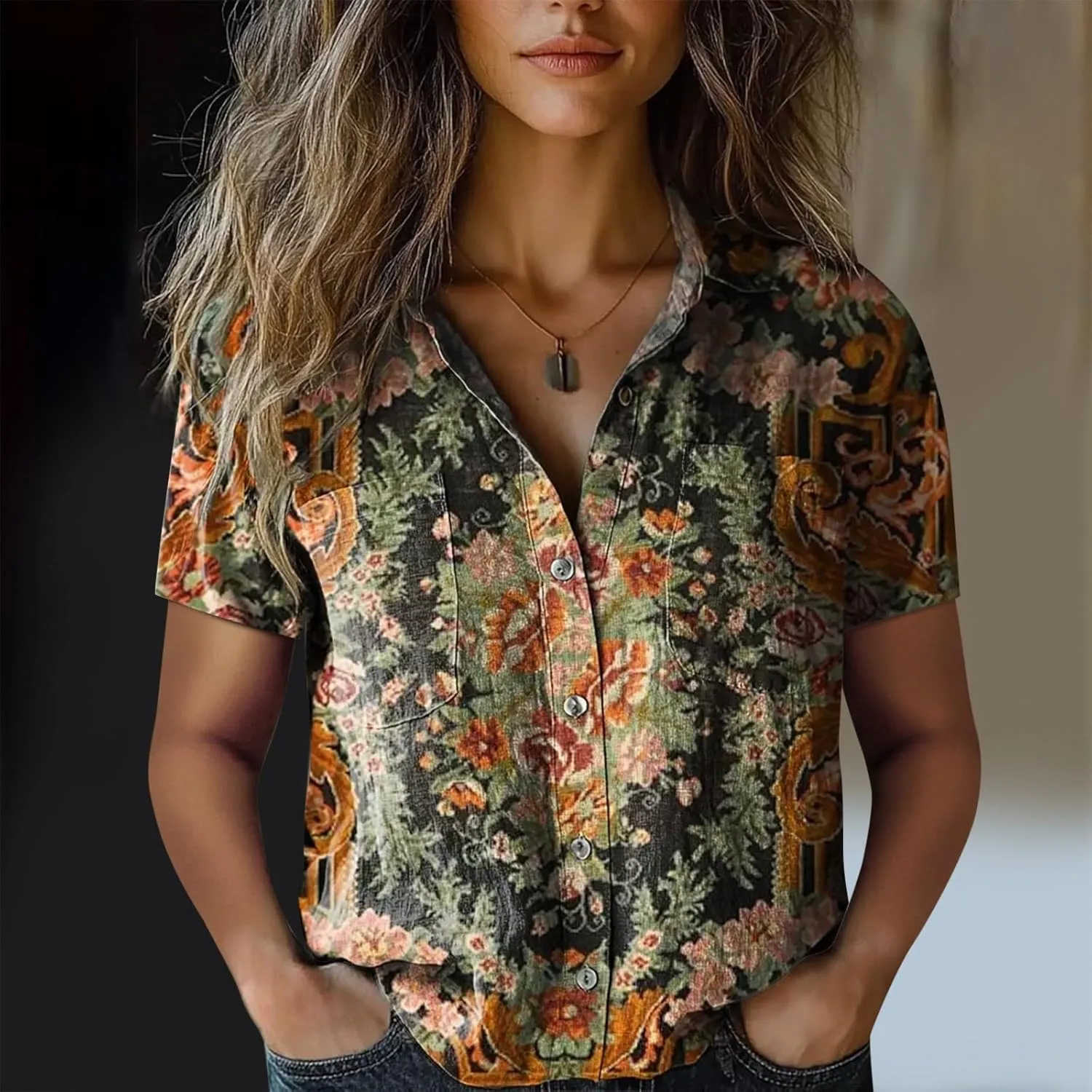 Linen Boho Tops for Women Boho Tops for Women 2025 Hippie Summer Short Sleeve Button Up Blouses Short Sleeve Shirts