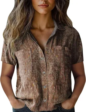 Linen Boho Tops for Women Boho Tops for Women Hippie Summer Short Sleeve Button Up Blouses Short Sleeve Shirts