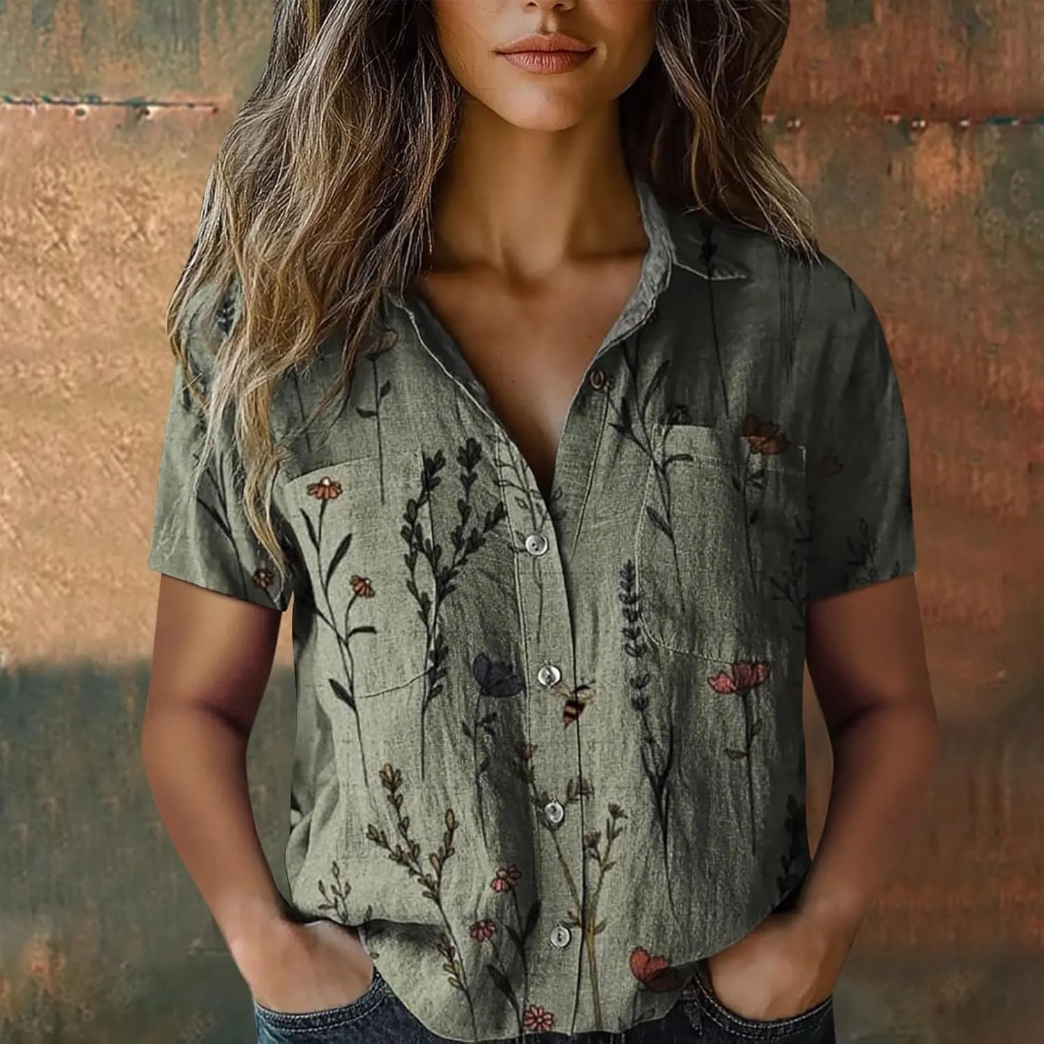Linen Boho Tops for Women Boho Tops for Women Hippie Summer Short Sleeve Button Up Blouses Short Sleeve Shirts